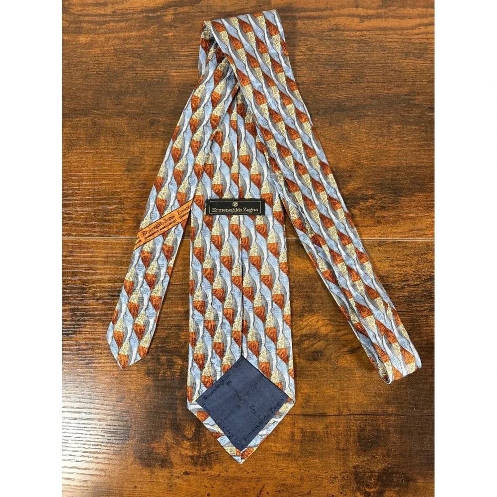 Ermenegildo Zegna‎ Men Blue Copper Geometric Silk Tie Made in Italy Disegno Escl
